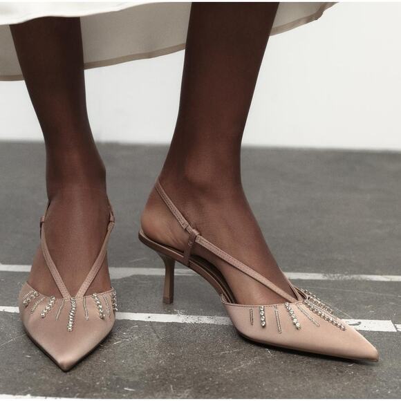 ZARA BLOGGER FAVE!!! Rhinestone Embellished Slingback Heels NWT 🤎 - Picture 9 of 16